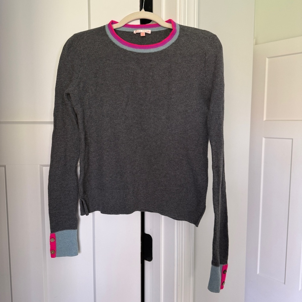 Lisa Todd Gray Sweater Crewneck Pink Blue Trim Button Cotton Cashmere - Picture 2 of 7